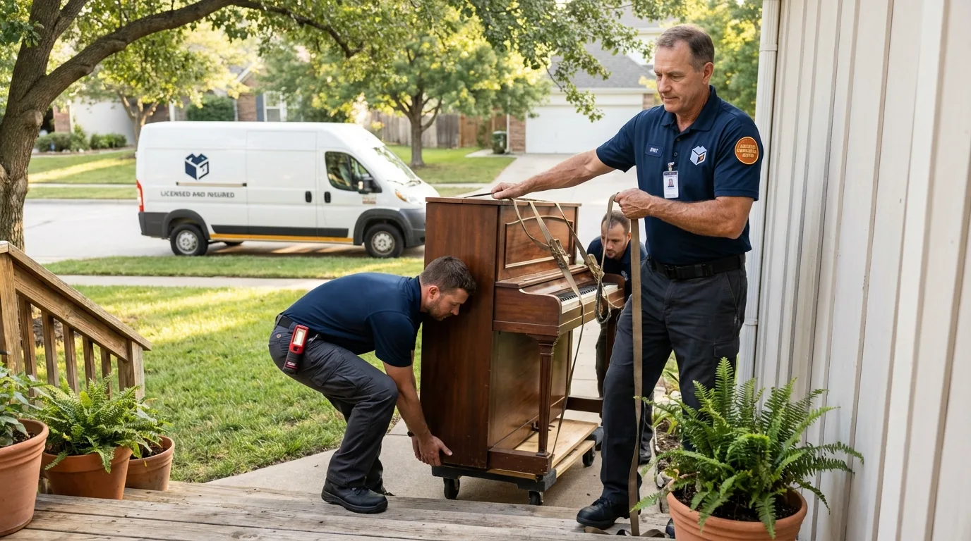 Licensed piano movers securing grand piano in Waldo, AR